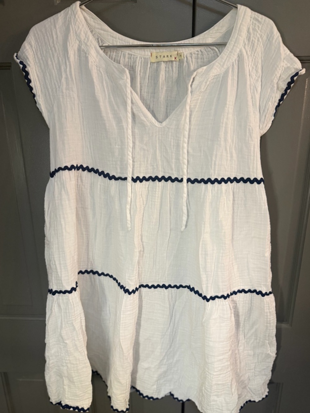 Starkx White Cotton Swim Coverup with Navy Trim Size Small